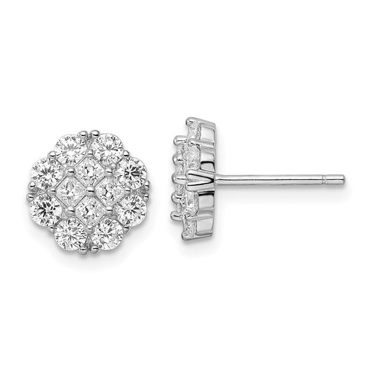 Rhodium-plated Sterling Silver Polished Flower Cluster CZ Post Earrings