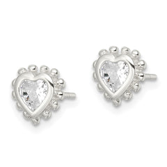 Sterling Silver Beaded Edge Heart CZ Post Earrings