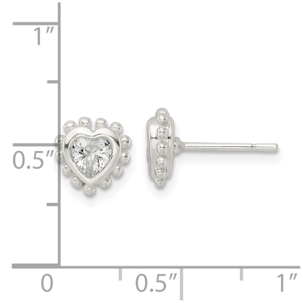 Sterling Silver Beaded Edge Heart CZ Post Earrings