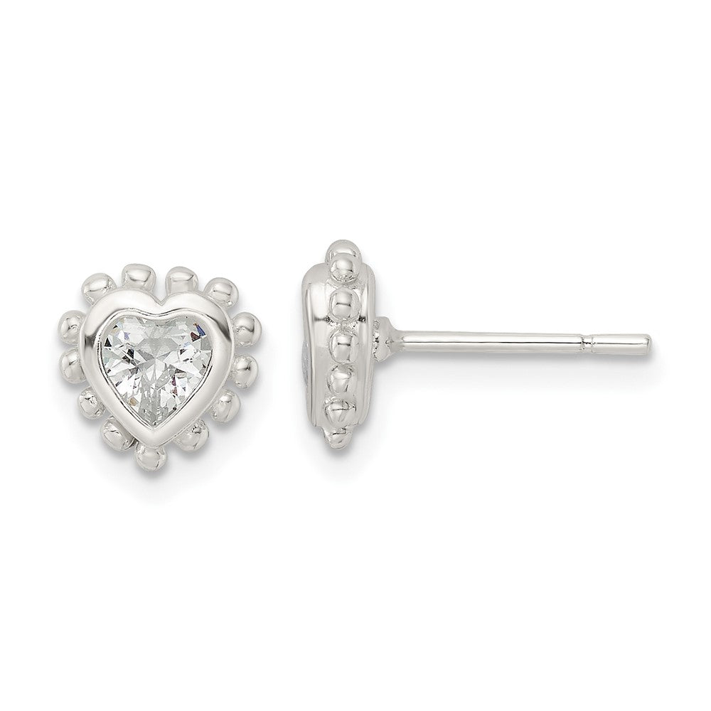 Sterling Silver Beaded Edge Heart CZ Post Earrings