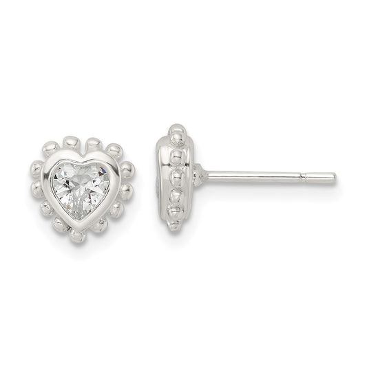 Sterling Silver Beaded Edge Heart CZ Post Earrings