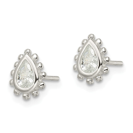 Sterling Silver Beaded Edge Pear CZ Post Earrings