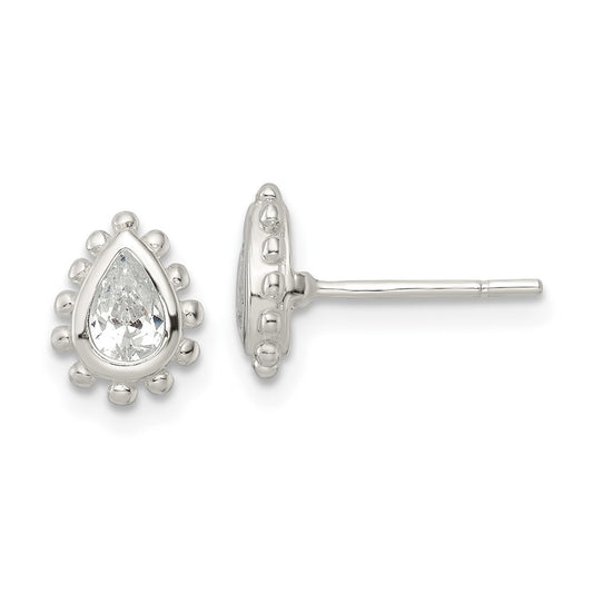 Sterling Silver Beaded Edge Pear CZ Post Earrings