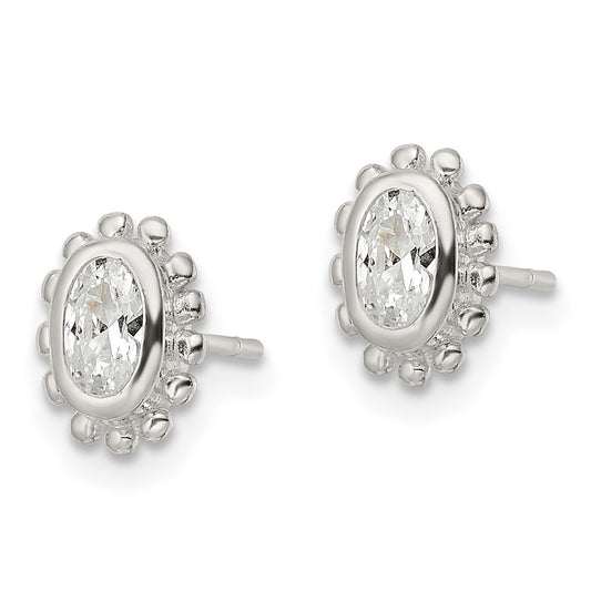 Sterling Silver Beaded Edge Oval CZ Post Earrings