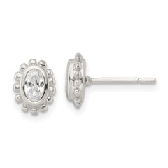 Sterling Silver Beaded Edge Oval CZ Post Earrings