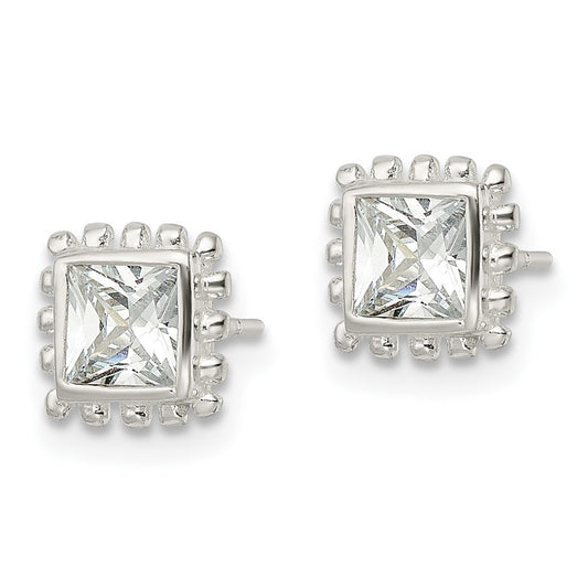 Sterling Silver Beaded Edge Square CZ Post Earrings