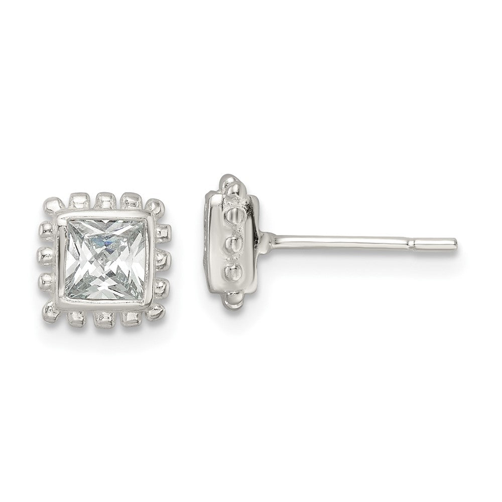 Sterling Silver Beaded Edge Square CZ Post Earrings