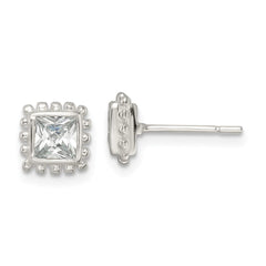 Sterling Silver Beaded Edge Square CZ Post Earrings