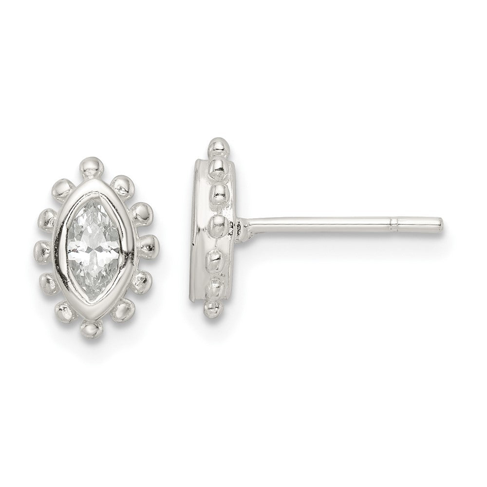 Sterling Silver Beaded Edge Marquise CZ Post Earrings