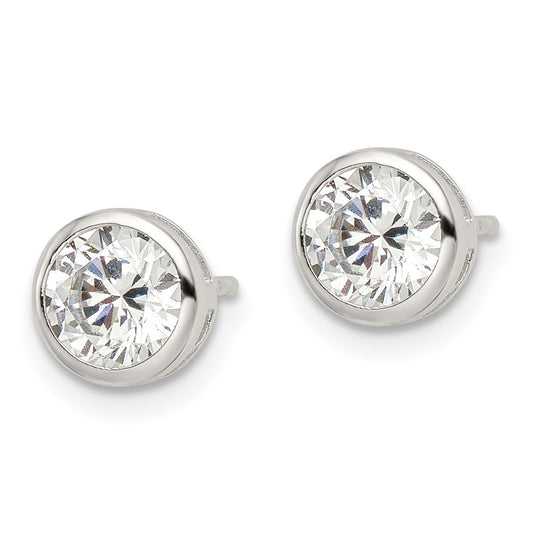 Sterling Silver Polished Rhodium-plated 6mm CZ Bezel Post Earrings