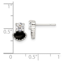 Sterling Silver Polished CZ and Black Enamel Post Earrings
