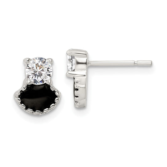 Sterling Silver Polished CZ and Black Enamel Post Earrings