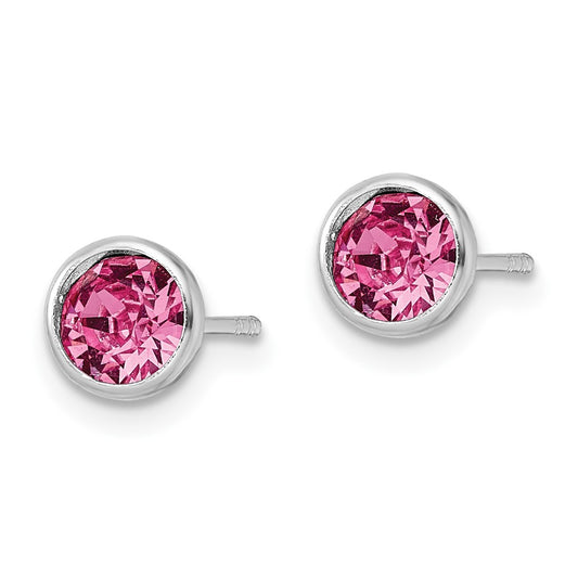 Rhodium-plated Silver Post Pink Crystal Bezel Earrings