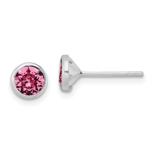 Rhodium-plated Silver Post Pink Crystal Bezel Earrings