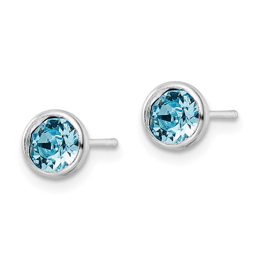 Rhodium-plated Silver Blue Crystal Bezel Post Earrings