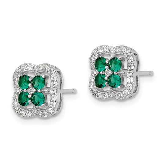 Rhodium-plated Sterling Silver Green and Clear CZ Clover Post Earrings