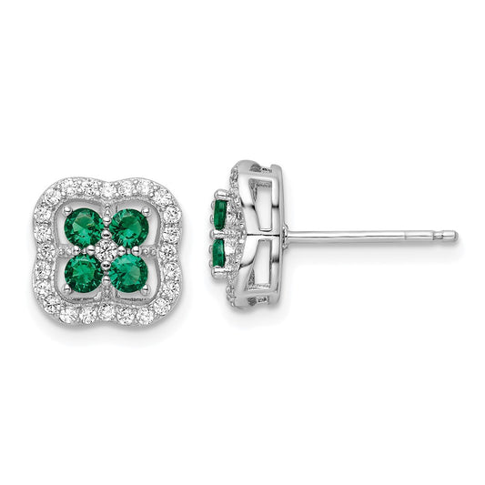 Rhodium-plated Sterling Silver Green and Clear CZ Clover Post Earrings