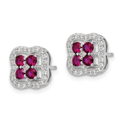 Rhodium-plated Sterling Silver Created Ruby and CZ Clover Post Earrings