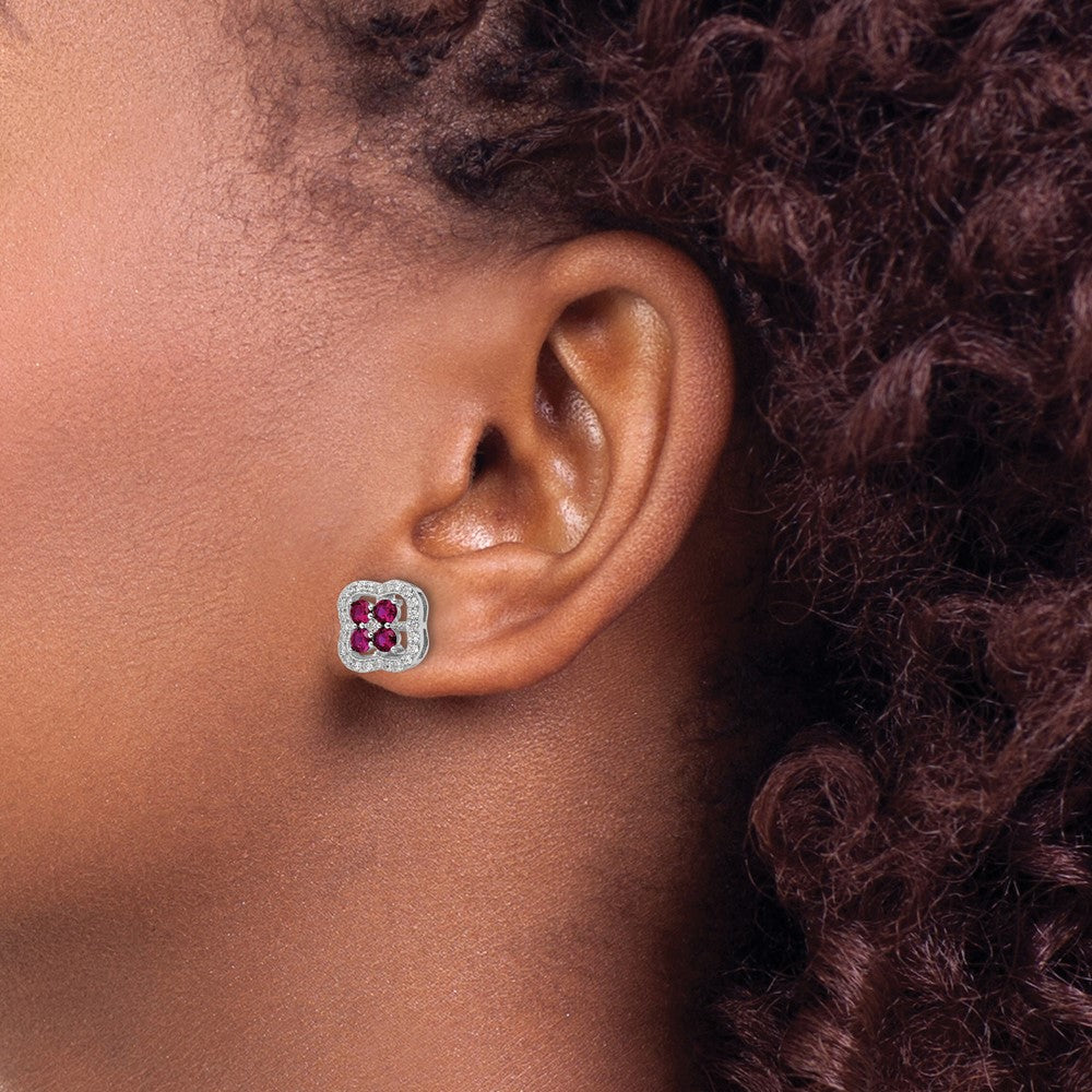 Rhodium-plated Sterling Silver Created Ruby and CZ Clover Post Earrings