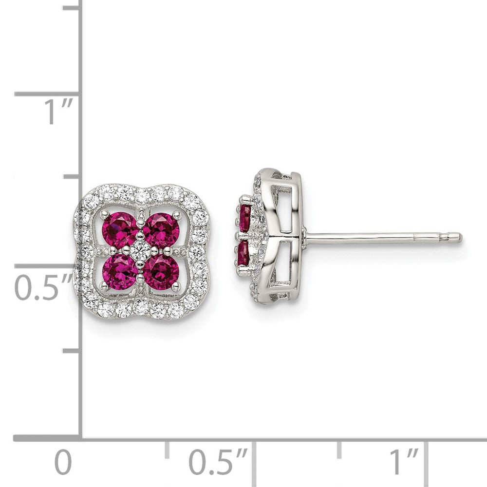 Rhodium-plated Sterling Silver Created Ruby and CZ Clover Post Earrings