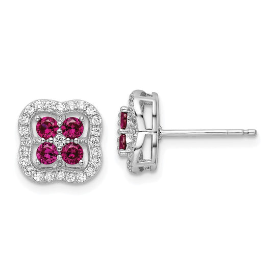 Rhodium-plated Sterling Silver Created Ruby and CZ Clover Post Earrings