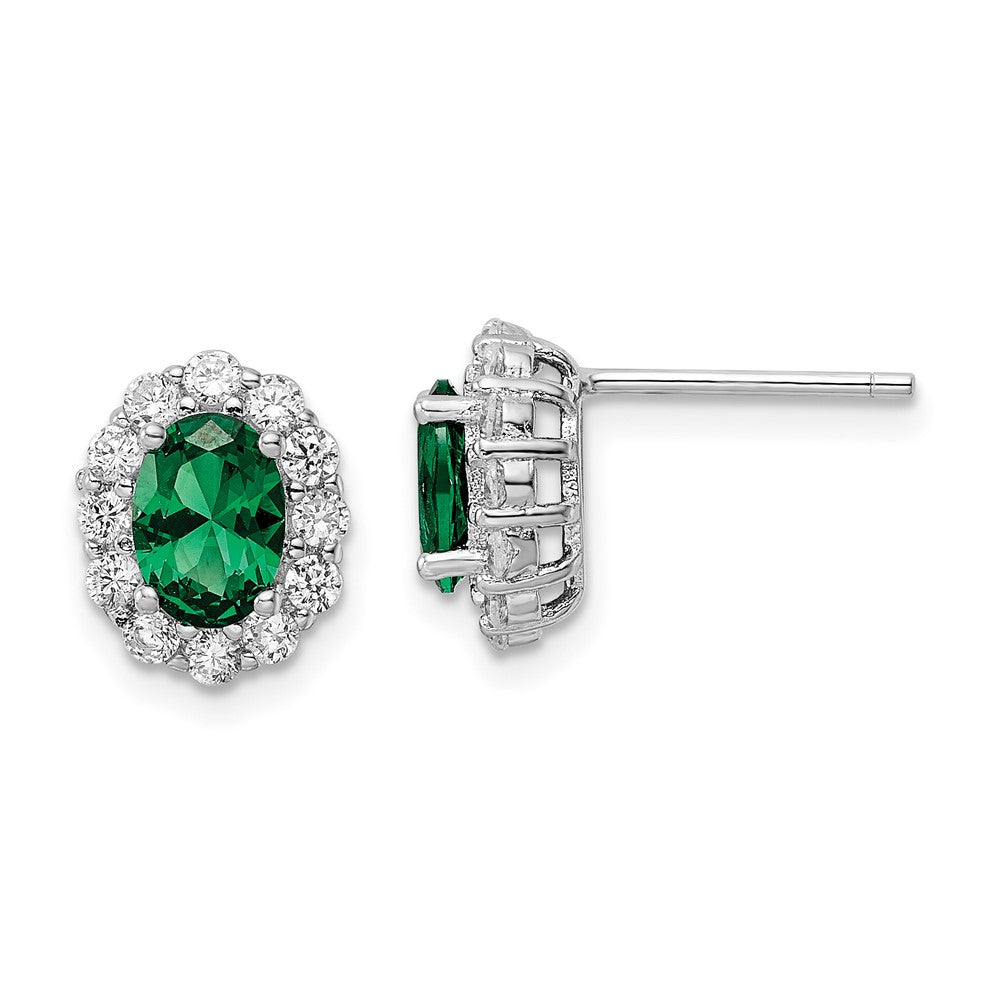 Sterling Silver Polished Rhodium-plated Green and Clear CZ Post Earrings