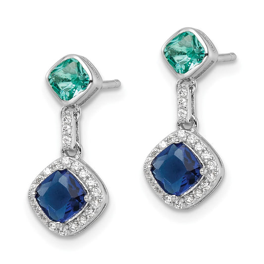 Rhodium-plated Sterling Silver CZ and Glass Stone Dangle Post Earrings