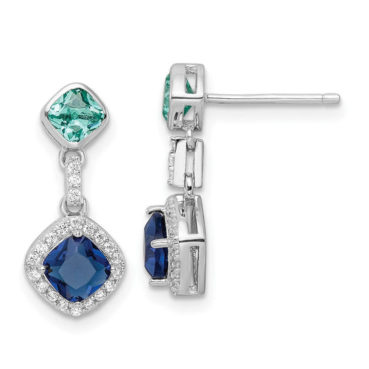 Rhodium-plated Sterling Silver CZ and Glass Stone Dangle Post Earrings