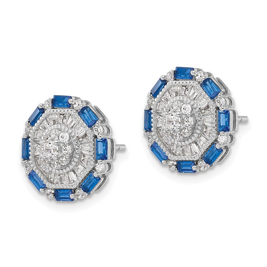 Rhodium-plated Sterling Silver Polished Blue & White Fancy CZ Post Earrings