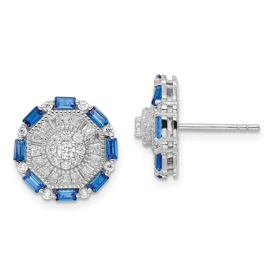 Rhodium-plated Sterling Silver Polished Blue & White Fancy CZ Post Earrings