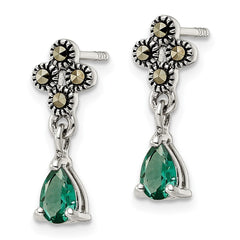 Sterling Silver Antiqued Marcasite & Lab Created Green Quartz Earrings