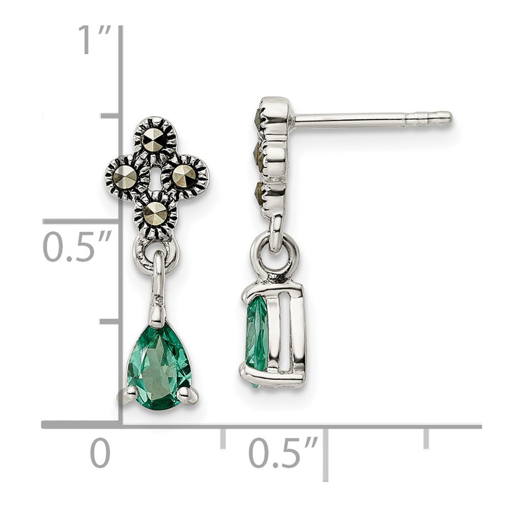 Sterling Silver Antiqued Marcasite & Lab Created Green Quartz Earrings