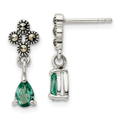 Sterling Silver Antiqued Marcasite & Lab Created Green Quartz Earrings