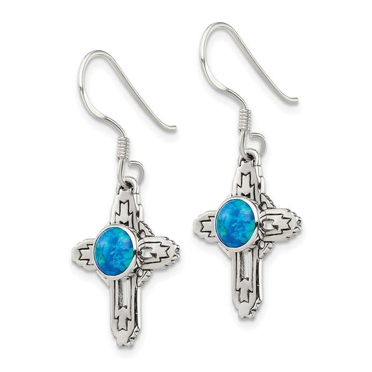 Sterling Silver Antiqued Created Opal Cross Earrings
