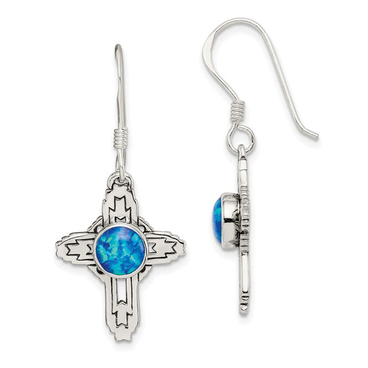 Sterling Silver Antiqued Created Opal Cross Earrings