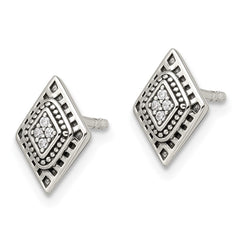 Sterling Silver Antiqued CZ Diamond-shape Post Earrings