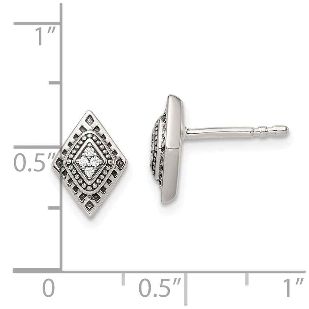 Sterling Silver Antiqued CZ Diamond-shape Post Earrings