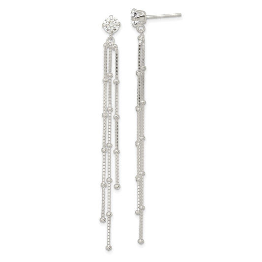 Sterling Silver Polished CZ Beaded Chain Dangle Post Earrings