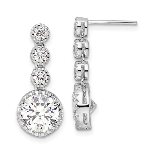 Rhodium-plated Sterling Silver Polished Round CZ Dangle Post Earrings