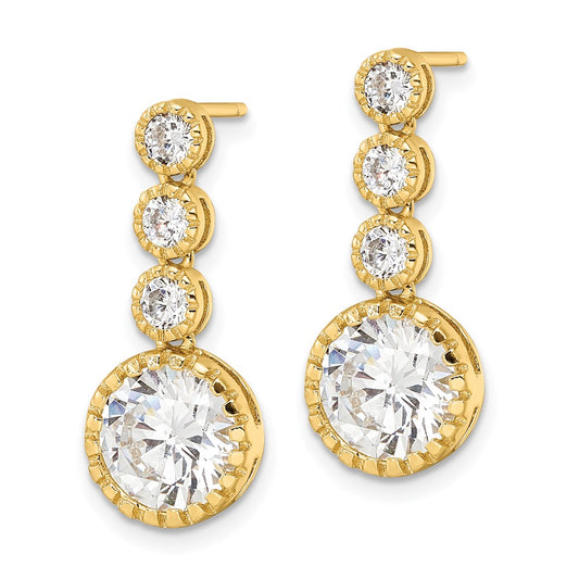 Yellow Gold-plated Sterling Silver Polished Round CZ Dangle Post Earrings