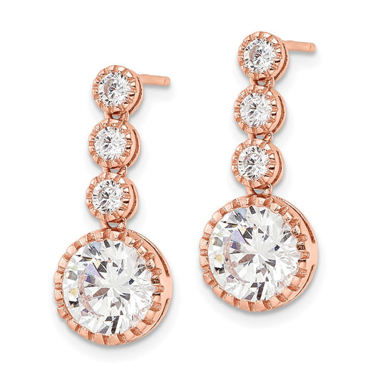 Rose Gold-plated Sterling Silver Polished Round CZ Dangle Post Earrings