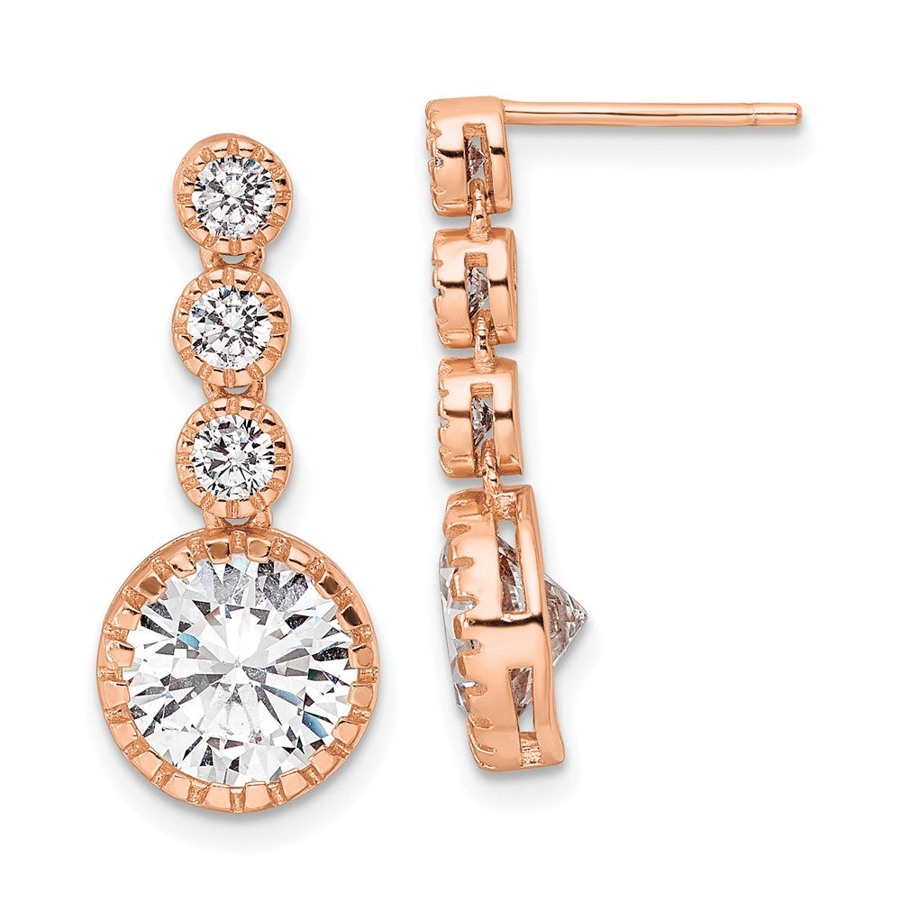 Rose Gold-plated Sterling Silver Polished Round CZ Dangle Post Earrings