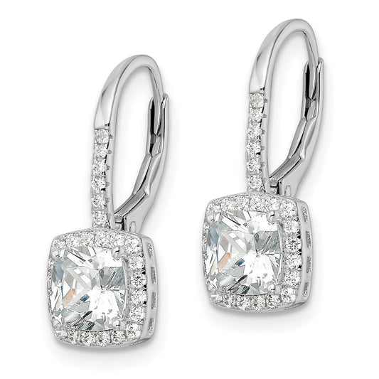 Rhodium-plated Sterling Silver Polished Princess Cut CZ Leverback Earrings