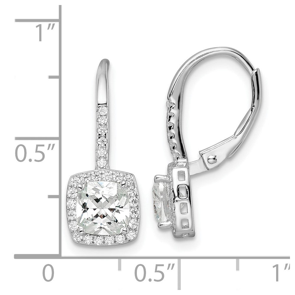 Rhodium-plated Sterling Silver Polished Princess Cut CZ Leverback Earrings