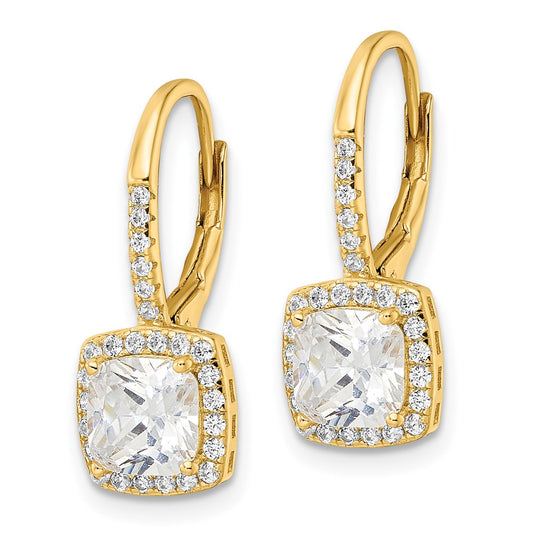 Yellow Gold-plated Sterling Silver Polished Princess Cut CZ Leverback Earrings