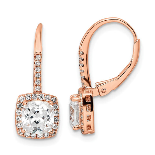 Rose Gold-plated Sterling Silver Polished Princess Cut CZ Leverback Earrings