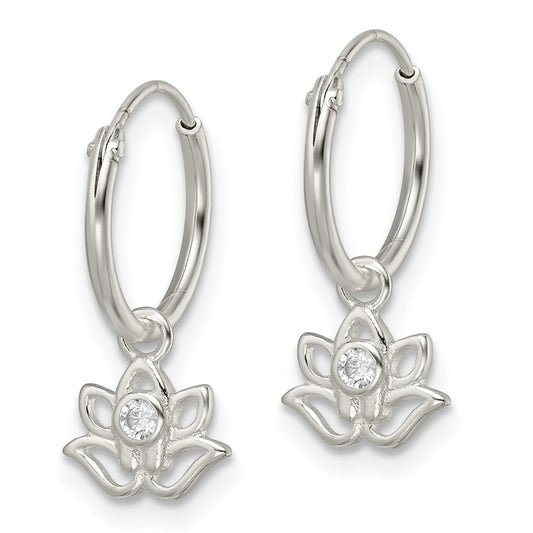 Sterling Silver Polished CZ Dangle Lotus Endless Hoop Earrings
