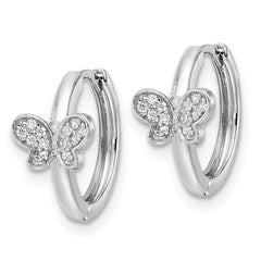 Rhodium-plated Sterling Silver Polished CZ Hinged Hoop Butterfly Earrings