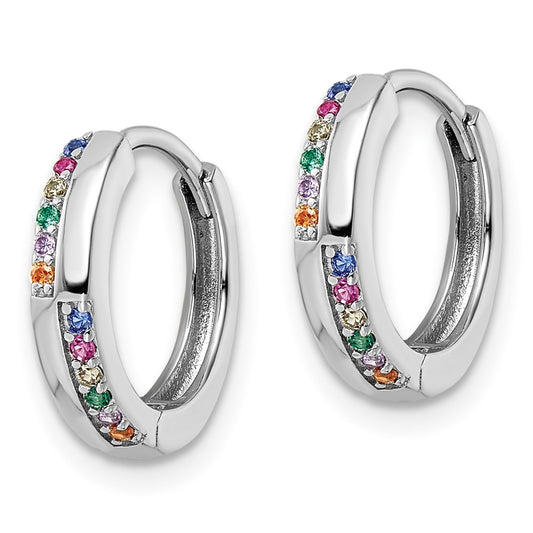 Rhodium-plated Sterling Silver Multicolor CZ Hinged Hoop Earrings