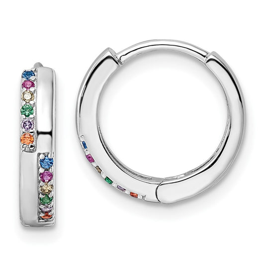 Rhodium-plated Sterling Silver Multicolor CZ Hinged Hoop Earrings